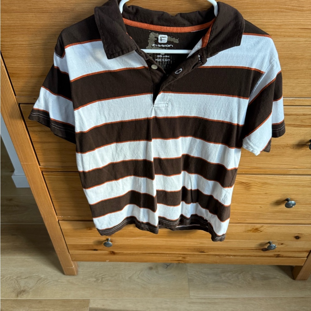 Brown and White Striped Men's Polo Shirt